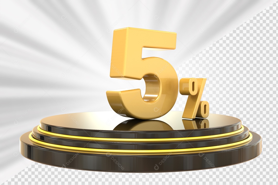 Número 3D 5% Porcento Dourado Podium Redondo Preto e Dourado Para Composição PSD