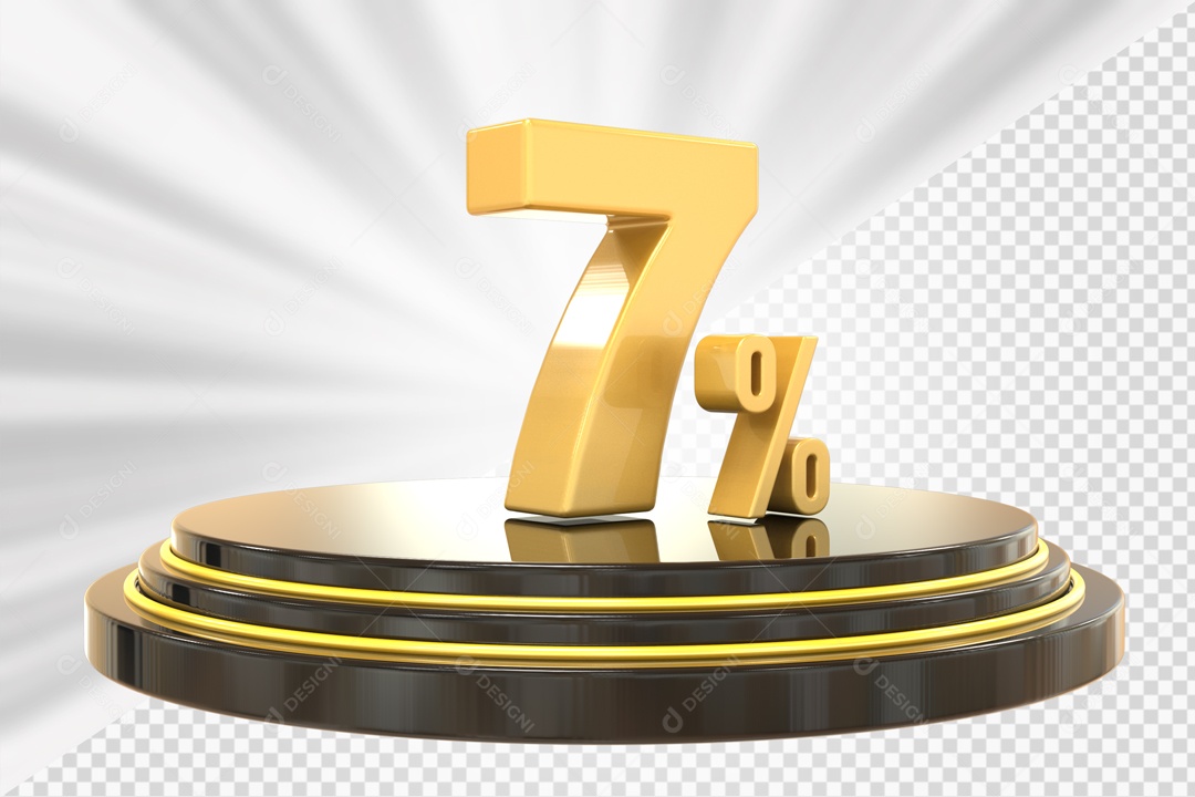 Número 3D 7% Porcento Dourado Podium Redondo Preto e Dourado Para Composição PSD