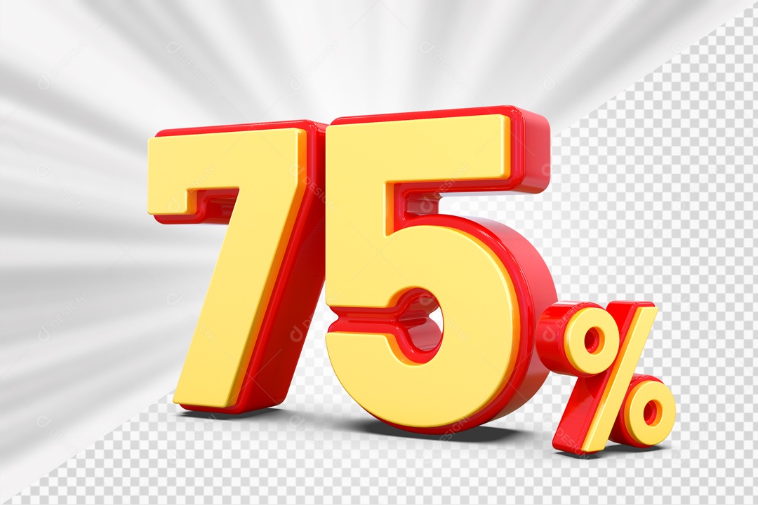 Número 3D 75% Porcento Amarelo E Vermelho Para Composição PSD