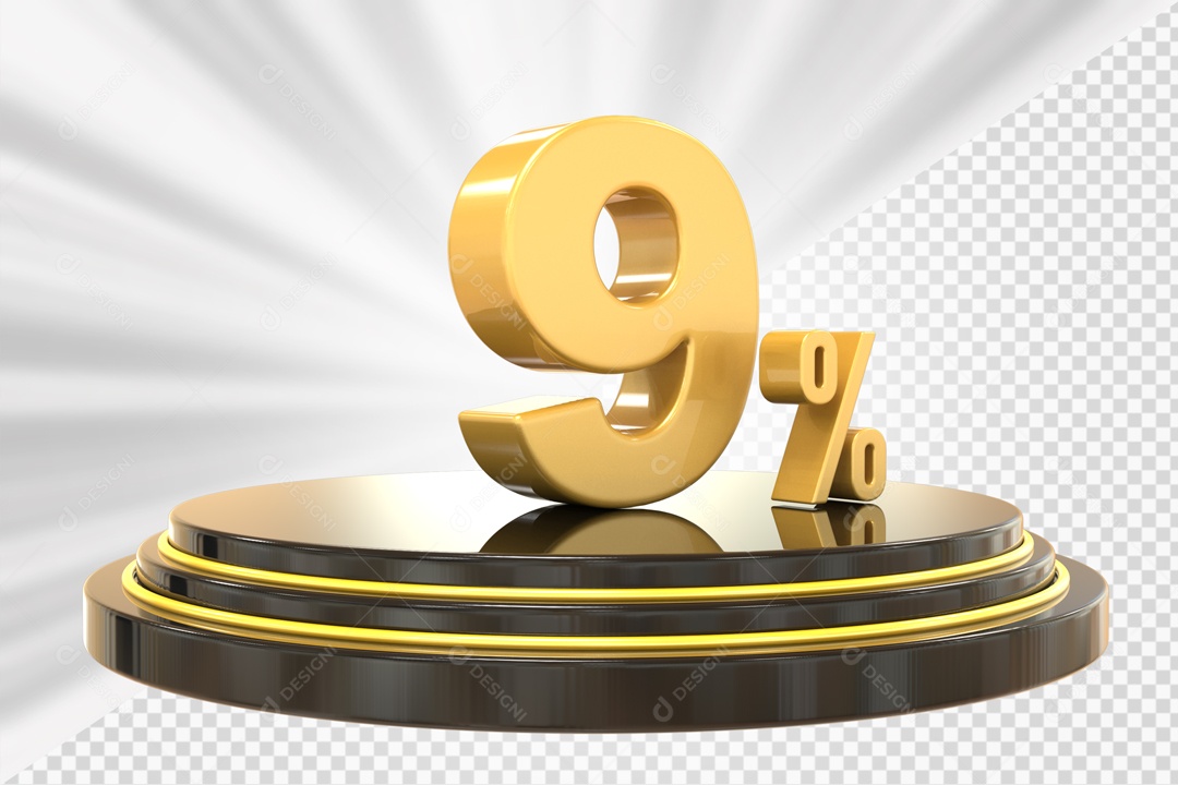 Número 3D 9% Porcento Dourado Podium Redondo Preto e Dourado Para Composição PSD