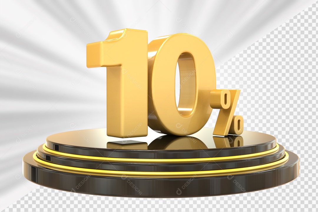 Número 3D 10% Porcento Dourado Podium Redondo Preto e Dourado Para Composição PSD