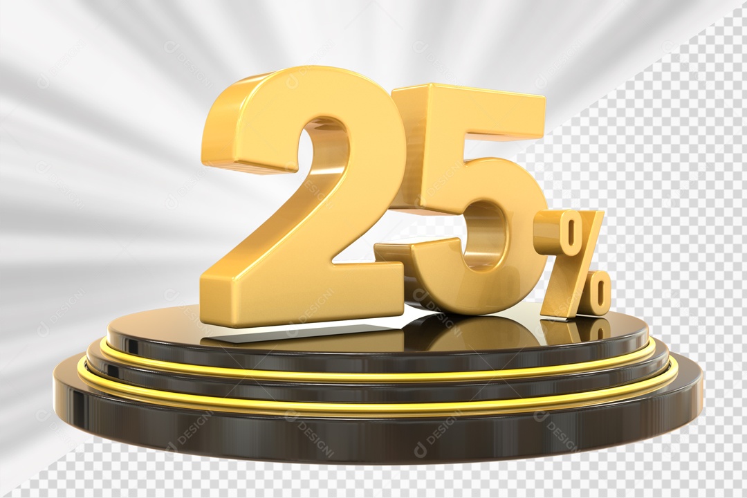 Número 3D 25% Porcento Dourado Podium Redondo Preto e Dourado Para Composição PSD