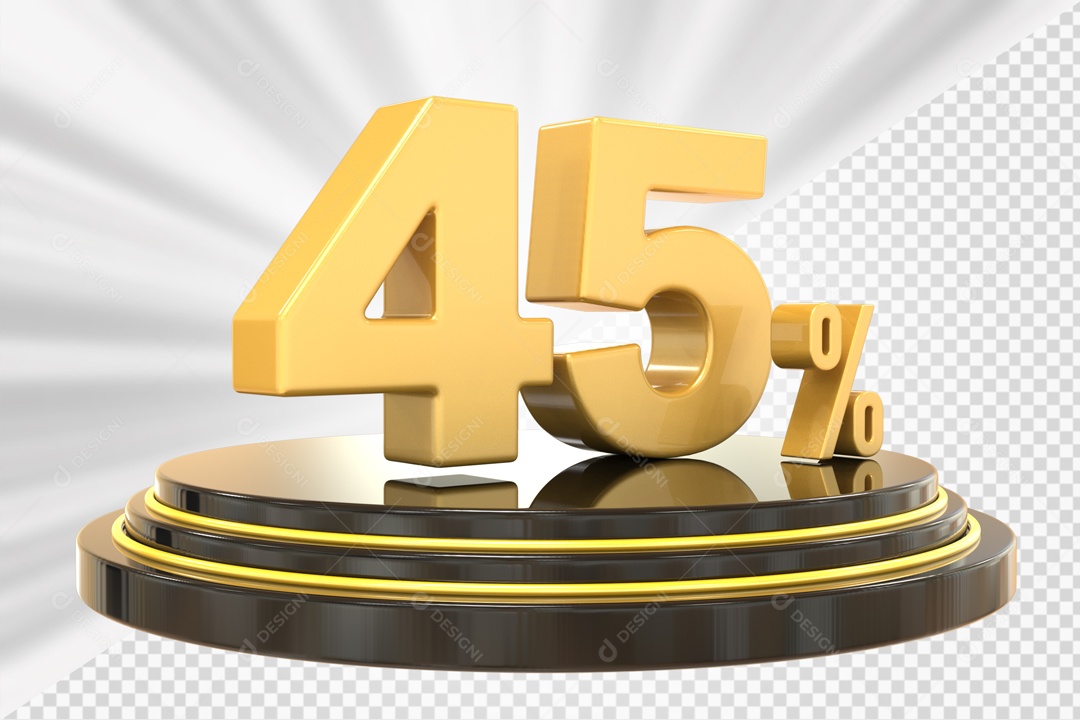 Número 3D 45% Porcento Dourado Podium Redondo Preto e Dourado Para Composição PSD