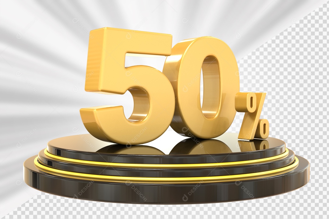 Número 3D 50% Porcento Dourado Podium Redondo Preto e Dourado Para Composição PSD