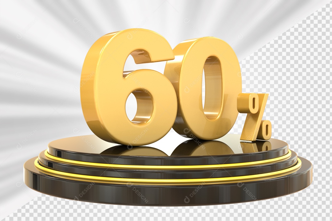 Número 3D 60% Porcento Dourado Podium Redondo Preto e Dourado Para Composição PSD