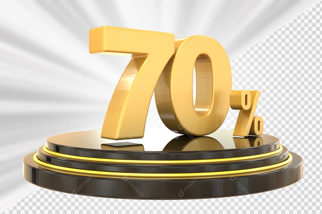 Número 3D 70% Porcento Dourado Podium Redondo Preto e Dourado Para Composição PSD