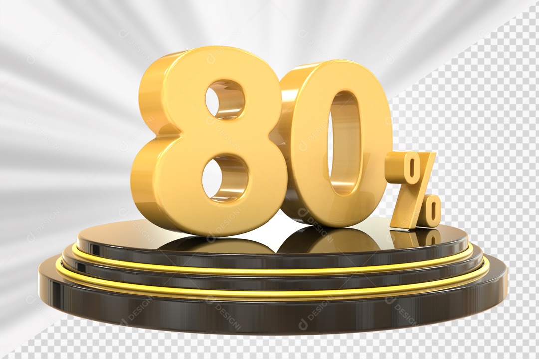 Número 3D 80% Porcento Dourado Podium Redondo Preto e Dourado Para Composição PSD