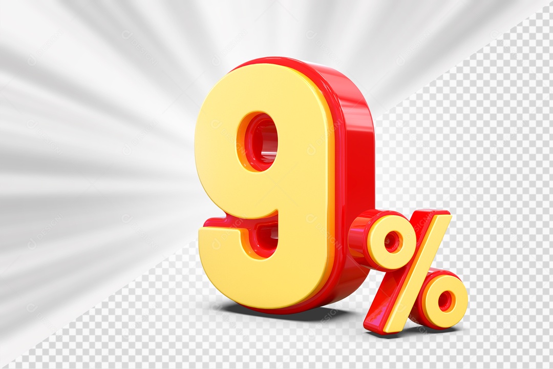 Número 3D 9% Porcento Amarelo E Vermelho Para Composição PSD