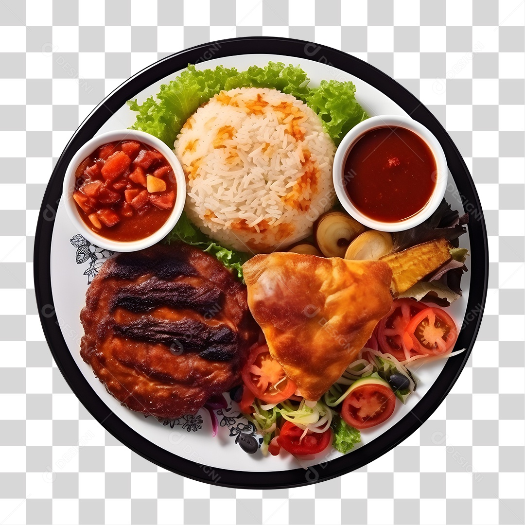 Prato De Comida Arroz Carne Salada Molho PNG Transparente
