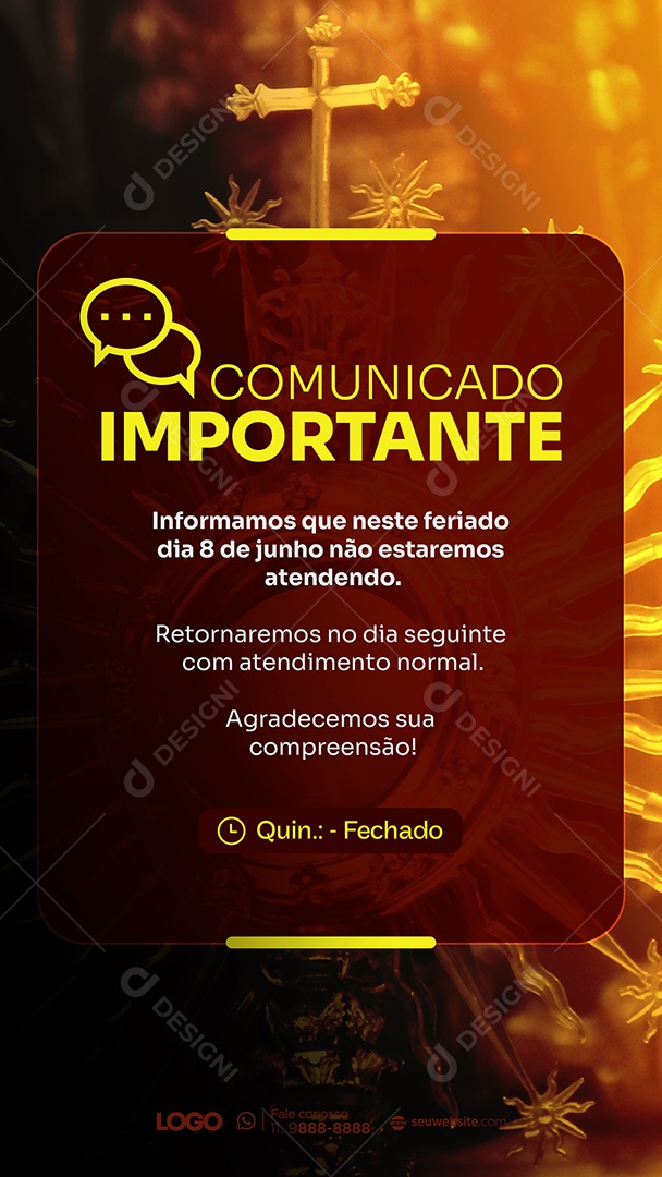 Story Comunicado Importante 8 de Junho Corpus Christi Social Media PSD Editável