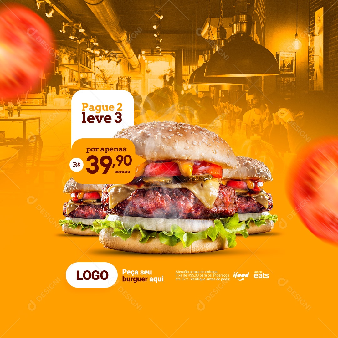 pague 2 Leve 3 Por Apenas 39,90 Hamburgueria Social Media PSD Editável