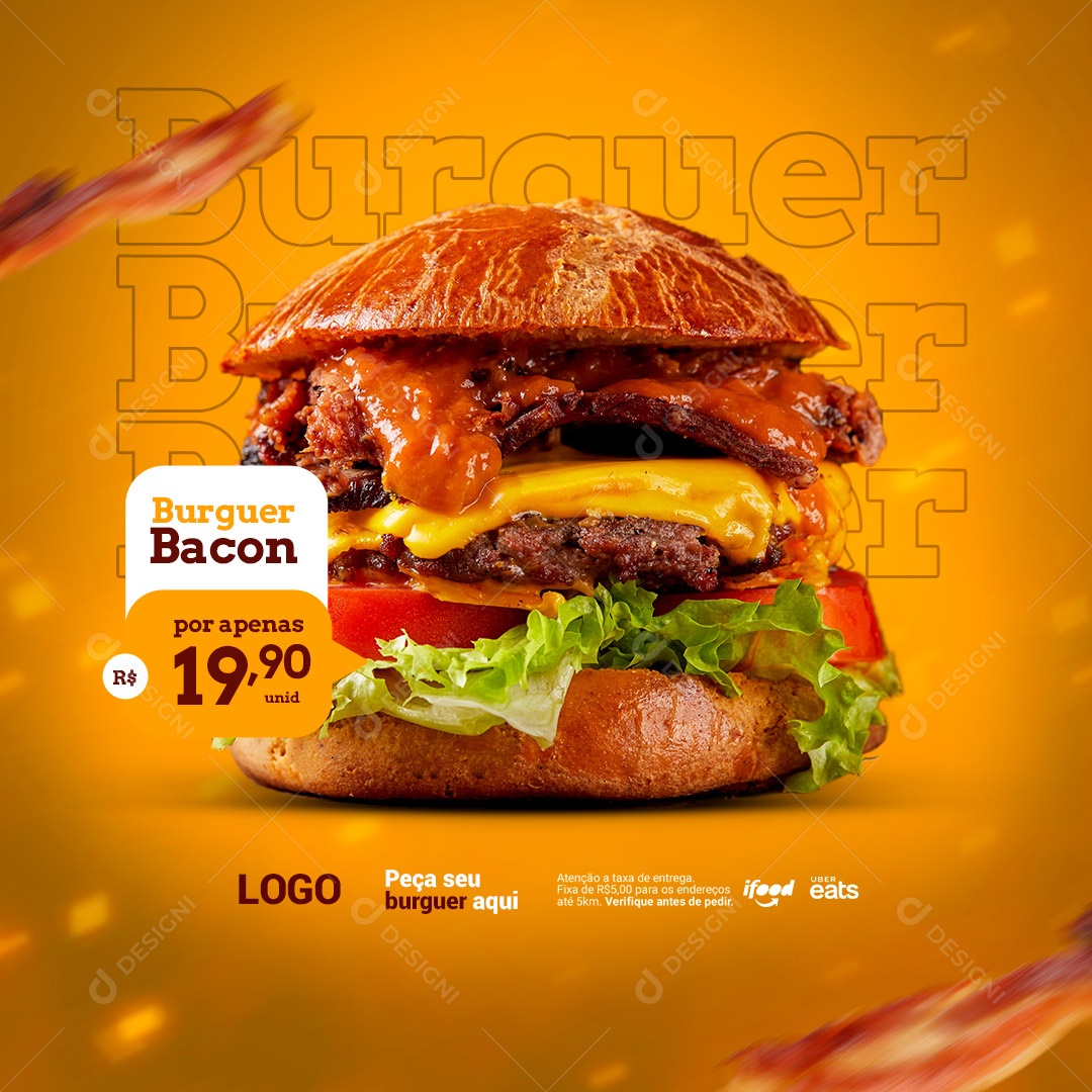 Burguer Bacon Por Apenas 19,90 Hamburgueria Social Media PSD Editável