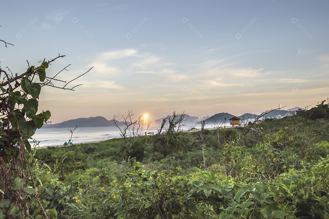 Praia brava em itajai-sc brasil com a cidade de balneário comboriu ao fundo e gente curtindo a praia conhecida por suas ondas altas.