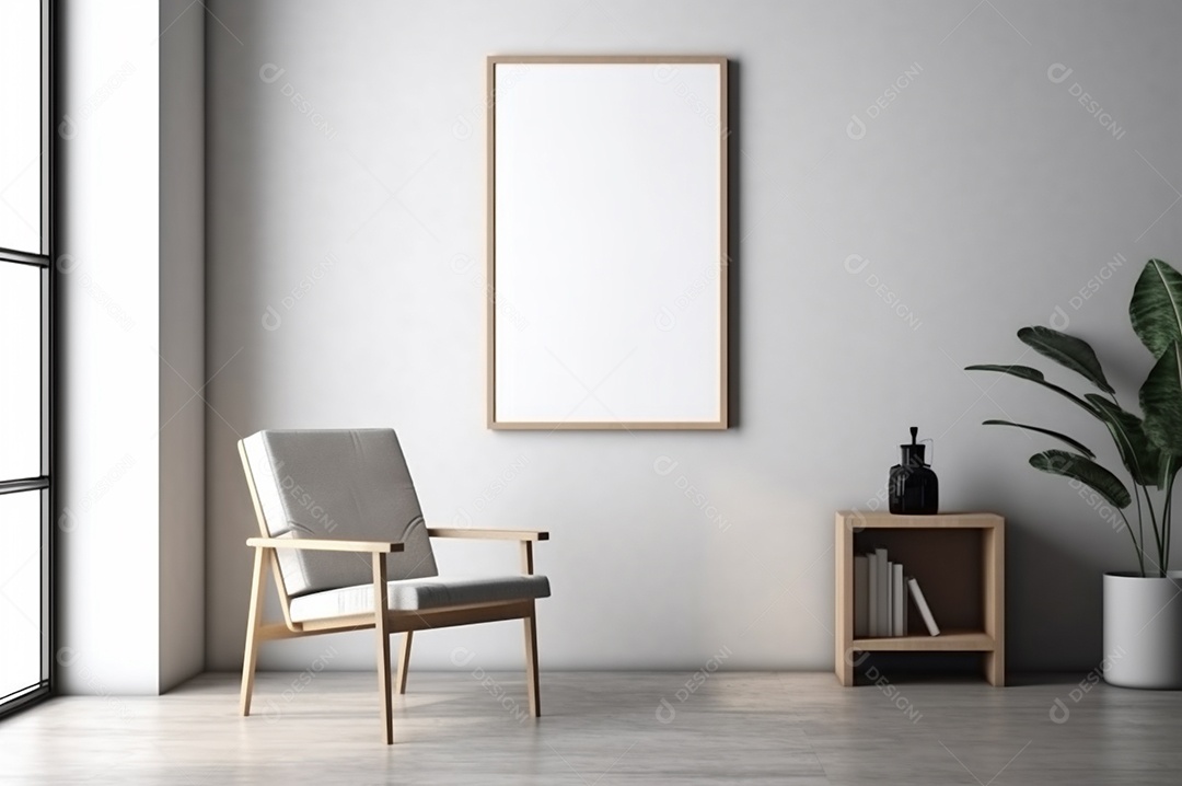 Maquete de quadro vertical, tela vazia em branco isolada no fundo branco do escritório em casa. Copie o espaço.