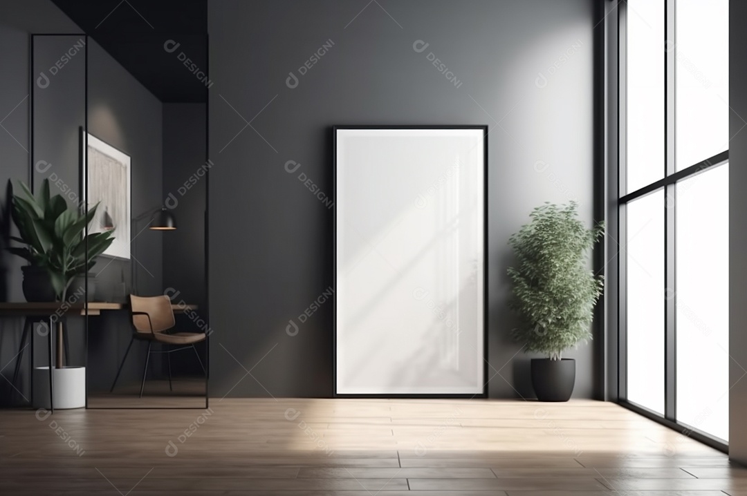 Maquete de quadro vertical, tela vazia em branco isolada no fundo branco do escritório em casa. Copie o espaço.