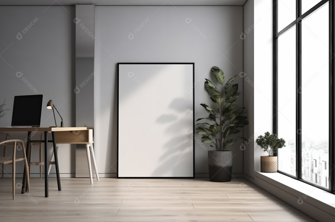 Maquete de quadro vertical, tela vazia em branco isolada no fundo branco do escritório em casa. Copie o espaço.