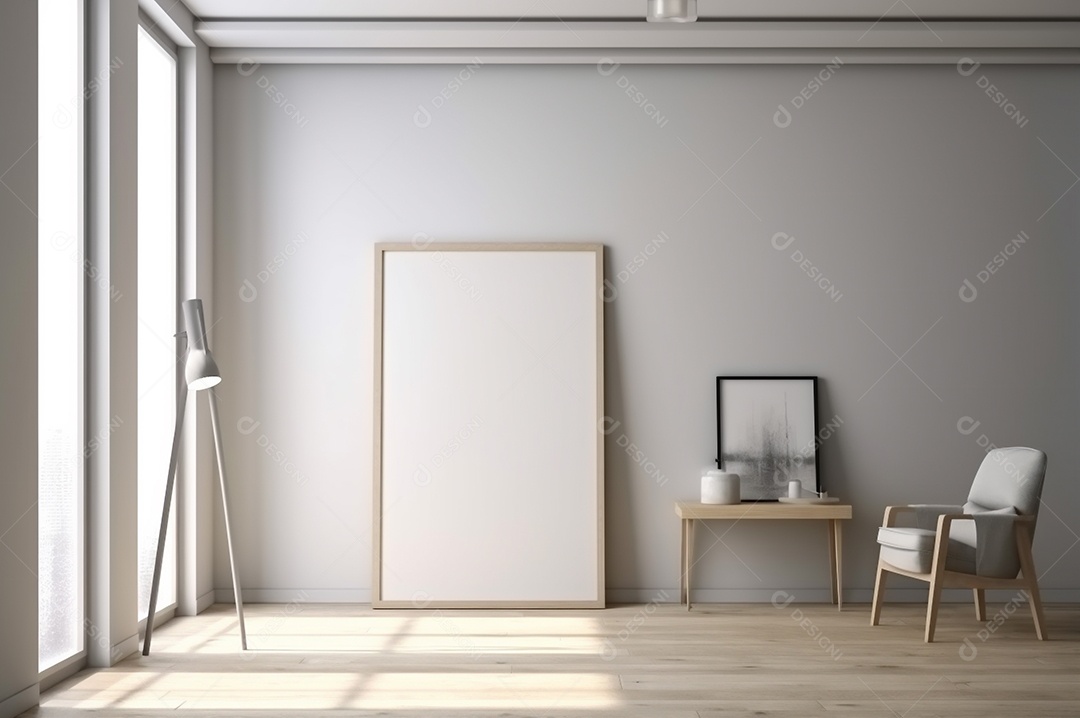 Maquete de quadro vertical, tela vazia em branco isolada no fundo branco do escritório em casa. Copie o espaço.