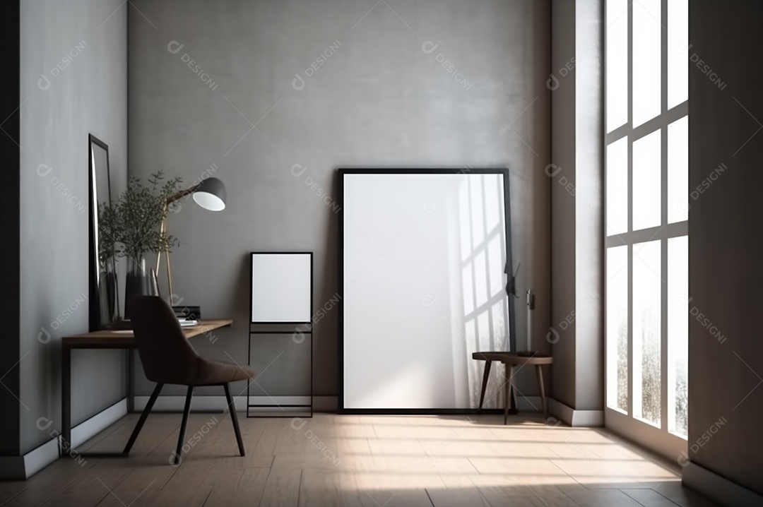 Maquete de quadro vertical, tela vazia em branco isolada no fundo branco do escritório em casa. Copie o espaço.