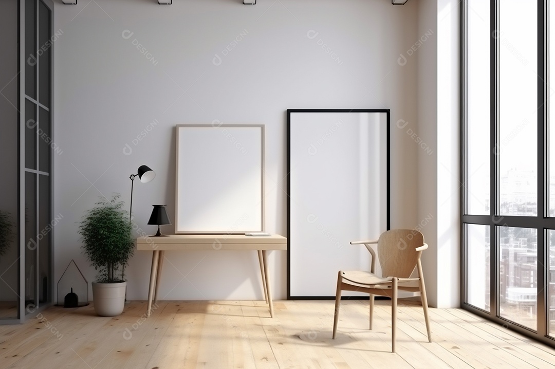 Maquete de quadro vertical, tela vazia em branco isolada no fundo branco do escritório em casa. Copie o espaço.