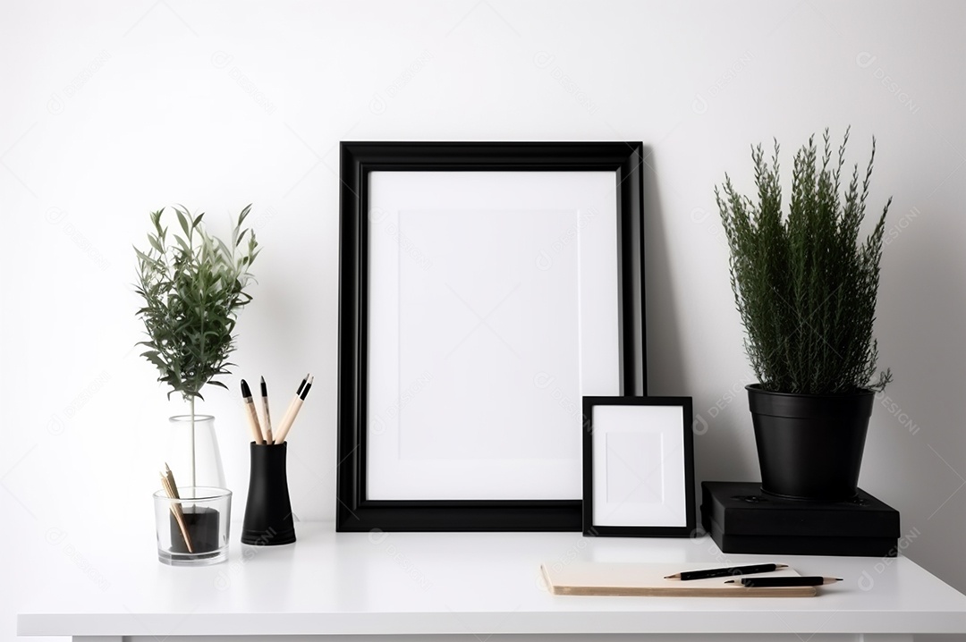 Maquete de quadro vertical, tela vazia em branco isolada no fundo branco do escritório em casa. Copie o espaço.