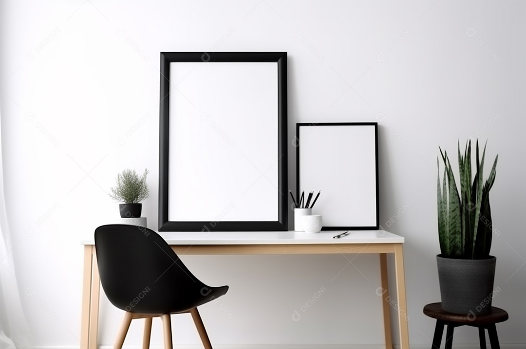 Maquete de quadro vertical, tela vazia em branco isolada no fundo branco do escritório em casa. Copie o espaço.