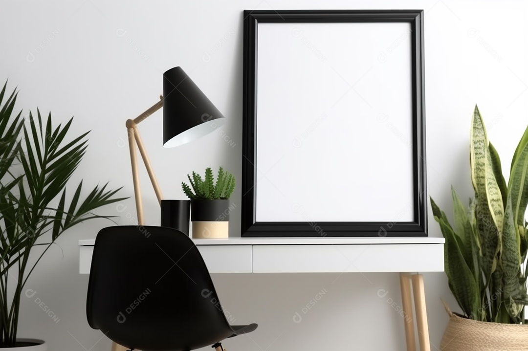 Maquete de quadro vertical, tela vazia em branco isolada no fundo branco do escritório em casa. Copie o espaço.