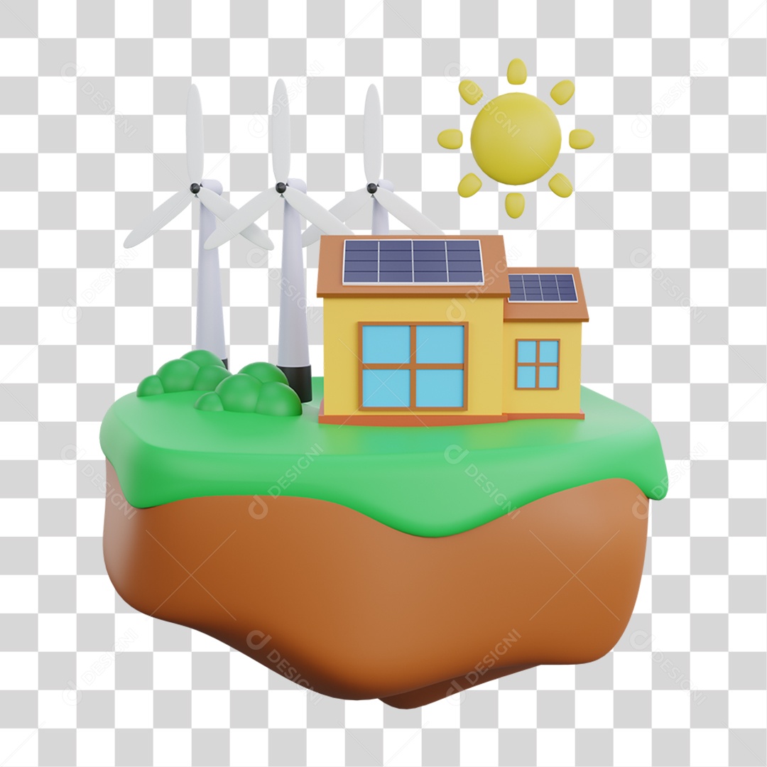 Elemento 3D Planeta Ecológico Casa com Energia Solar para Composição PNG Transparente
