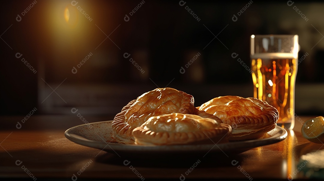 Deliciosos pasteis assados com copo de bebida sobre a mesa