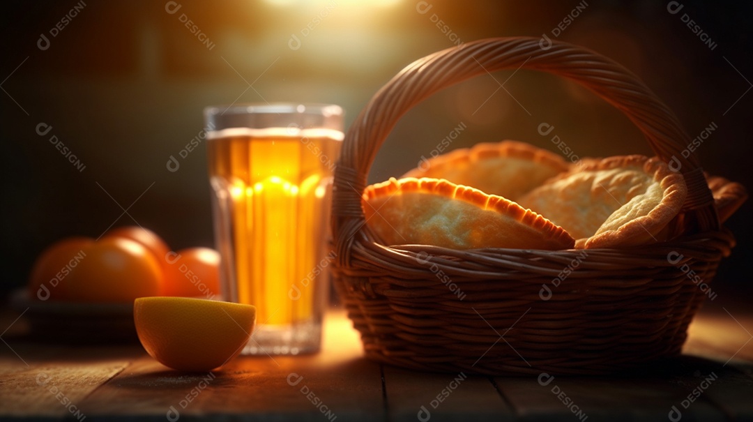 Deliciosos pasteis de forno e copo de suco sobre a mesa