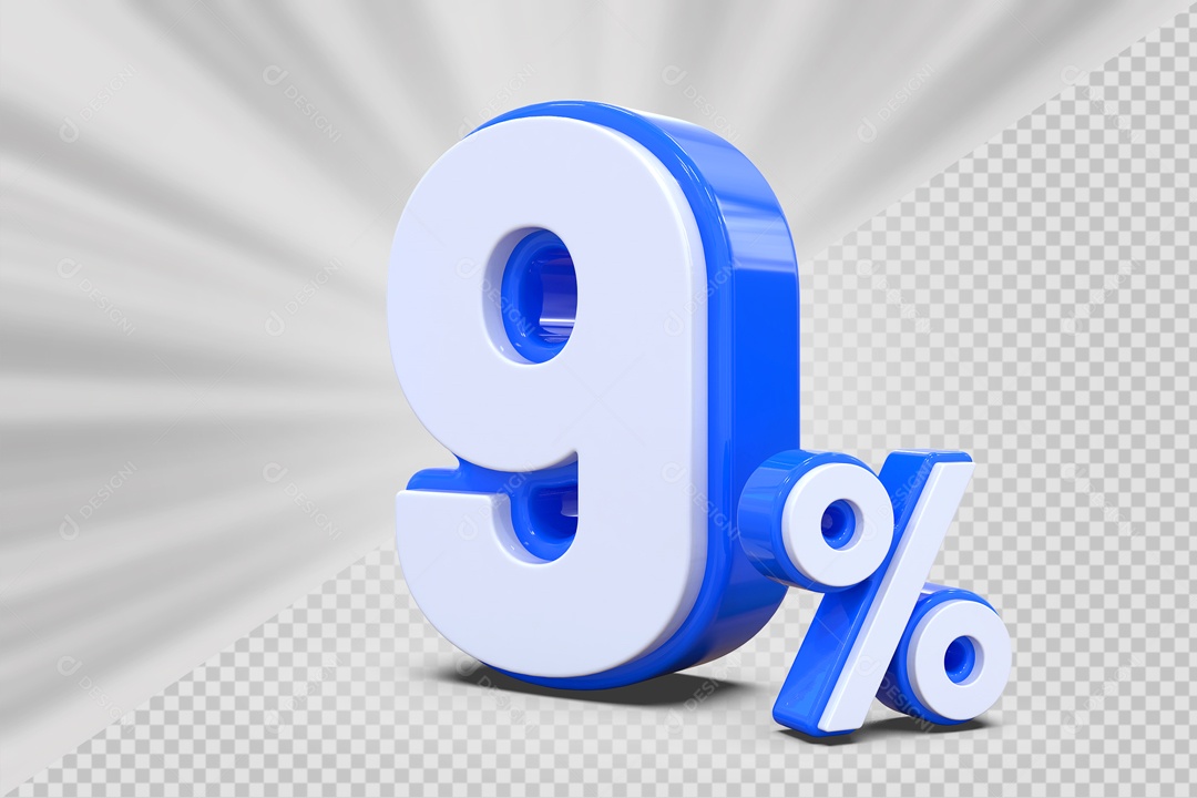 Número 3D 9% Porcento Azul E Branco Para Composição PSD