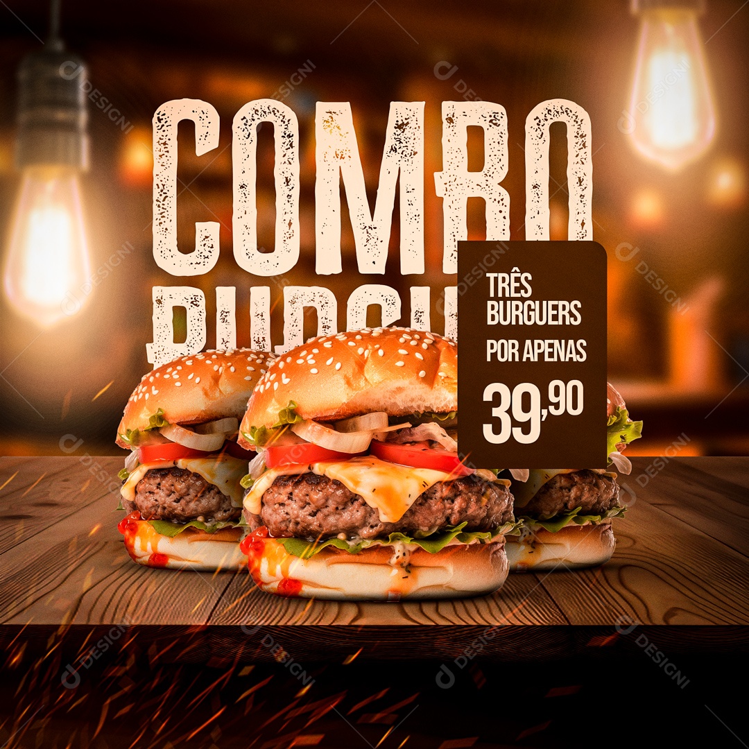 Combo Três Burguers Por Apenas 39,90 Hamburgueria Social Media PSD Editável