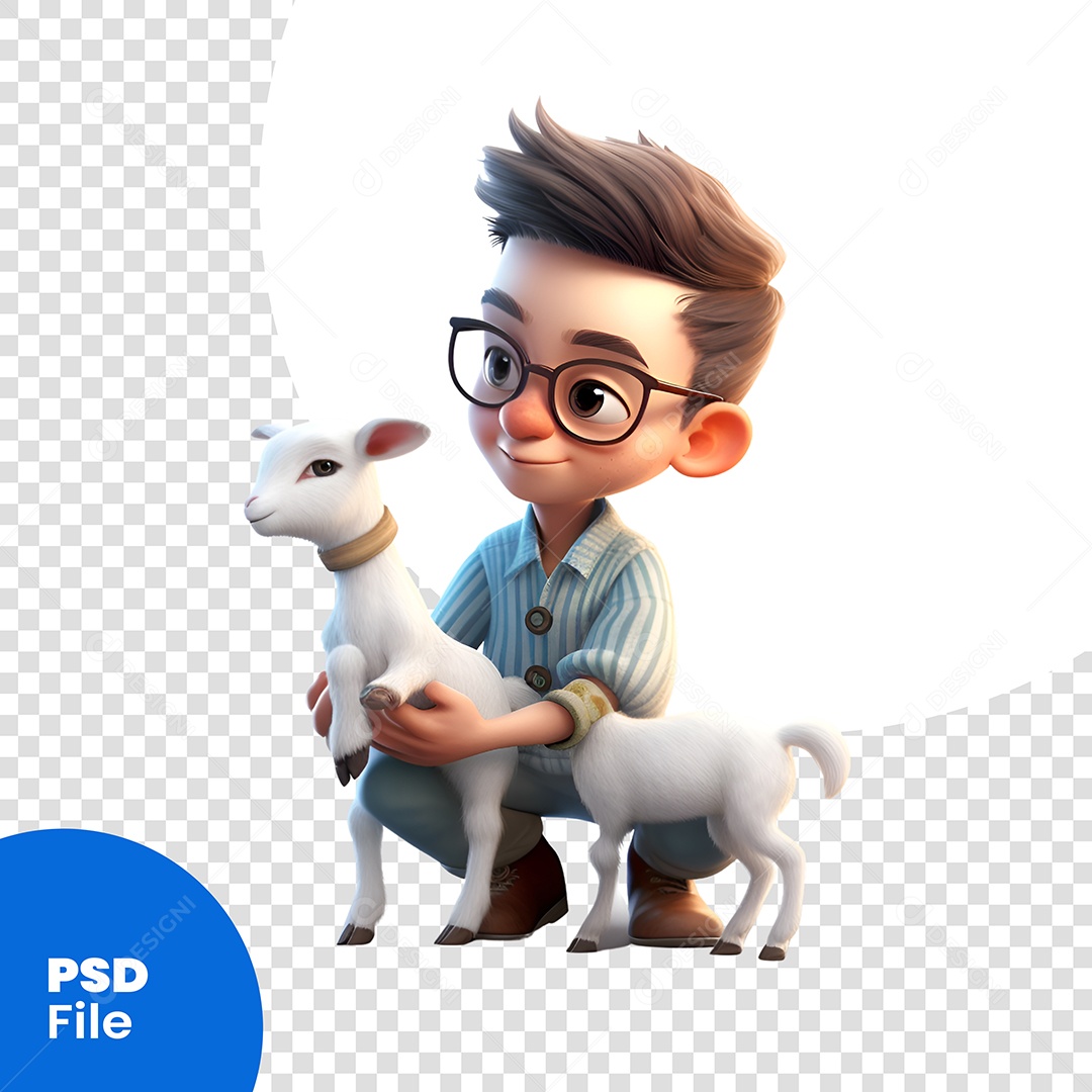 Personagem 3D Menino De Óculos Com Animal Ovelha PSD
