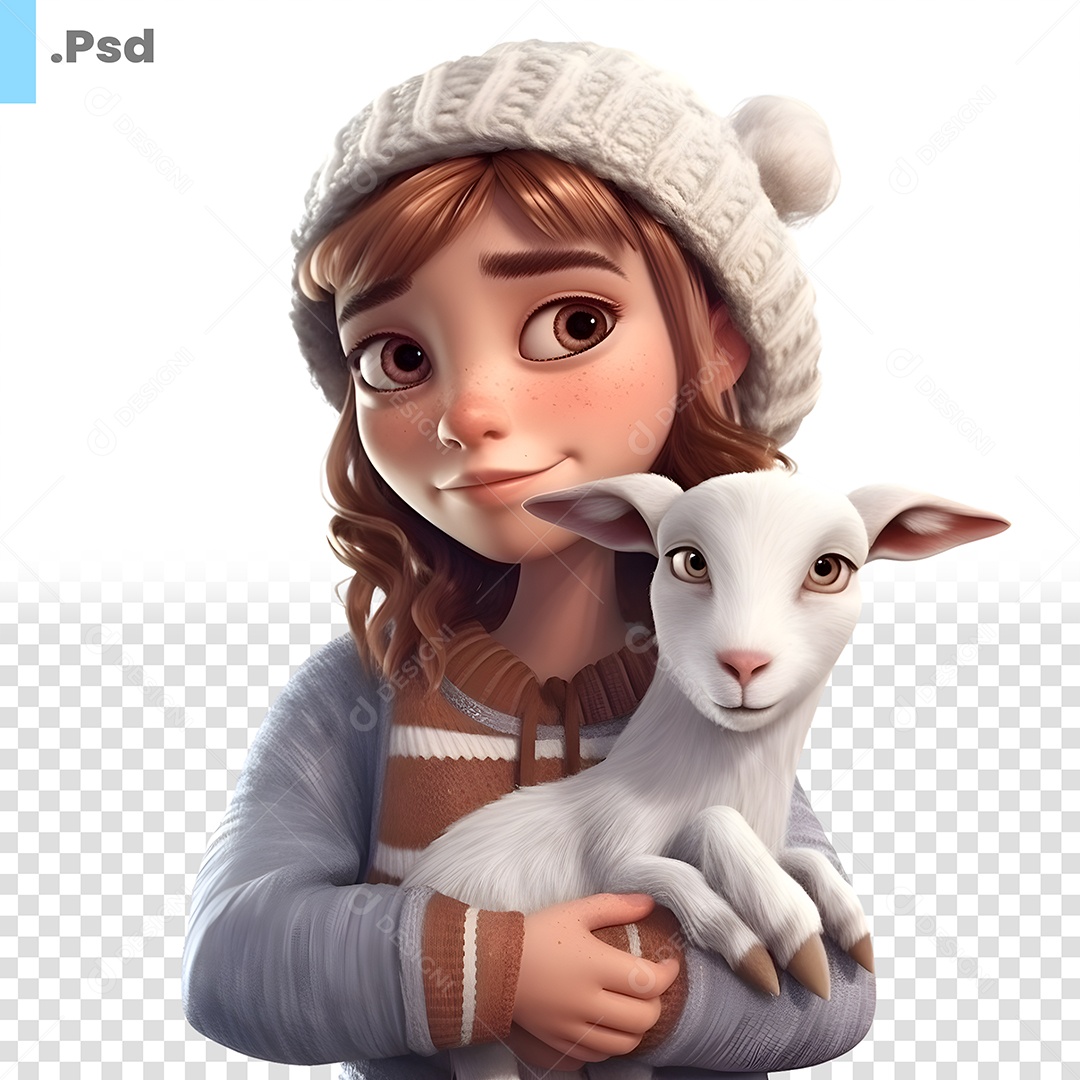 Personagem 3D Menina Segurando Animal Ovelha PSD
