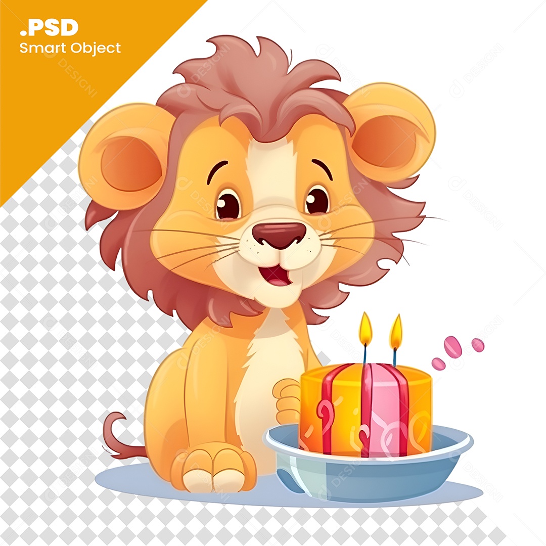 Animal 3D Leão Com Bolo de Aniversário PSD