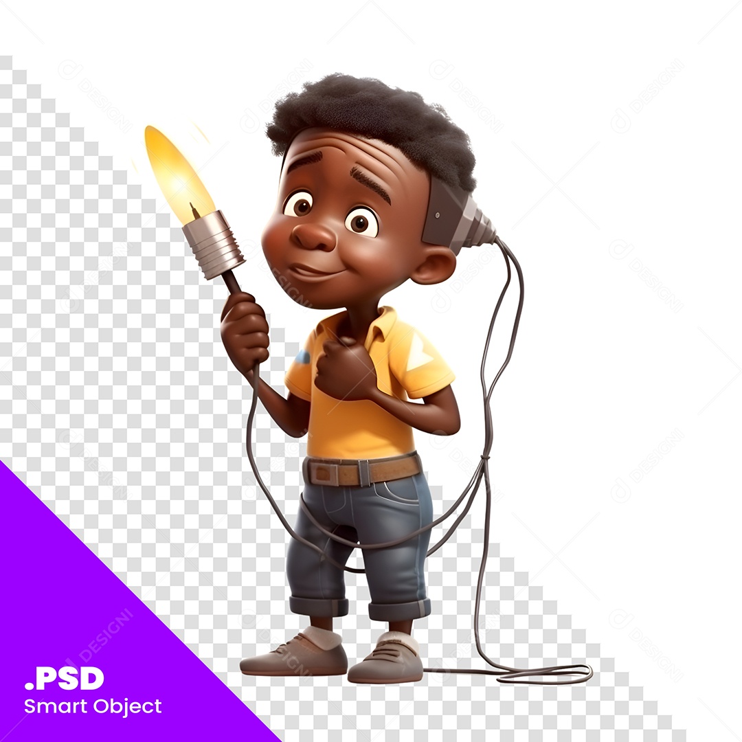 Personagem 3D Garoto Com Lâmpada De Ideias Para Composição PSD