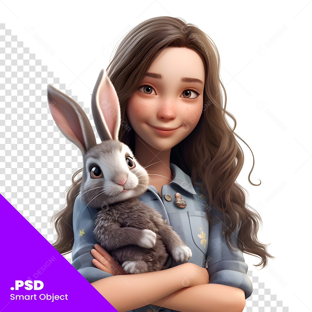 Personagem 3D Garota Com Coelho Para Composição PSD