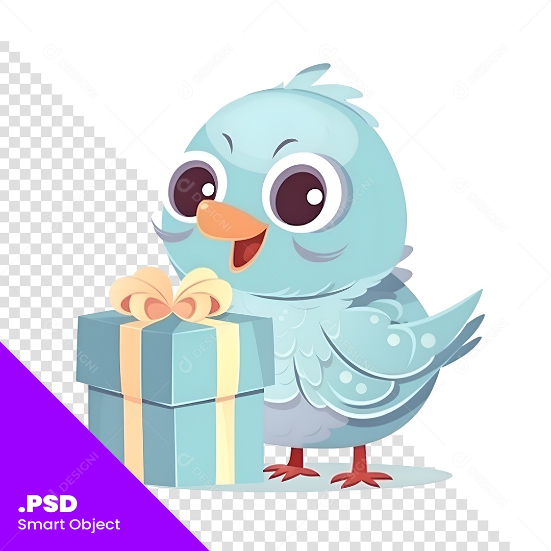 Personagem 3D Ave Azul Com Presente Para Composição PSD