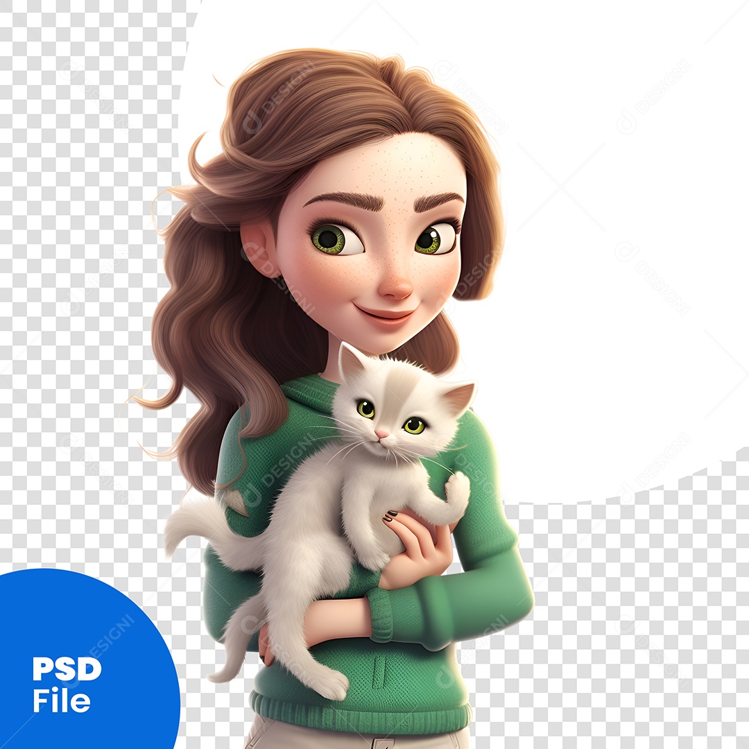 Garota Segurando Gato Personagem 3D Para Composição PSD