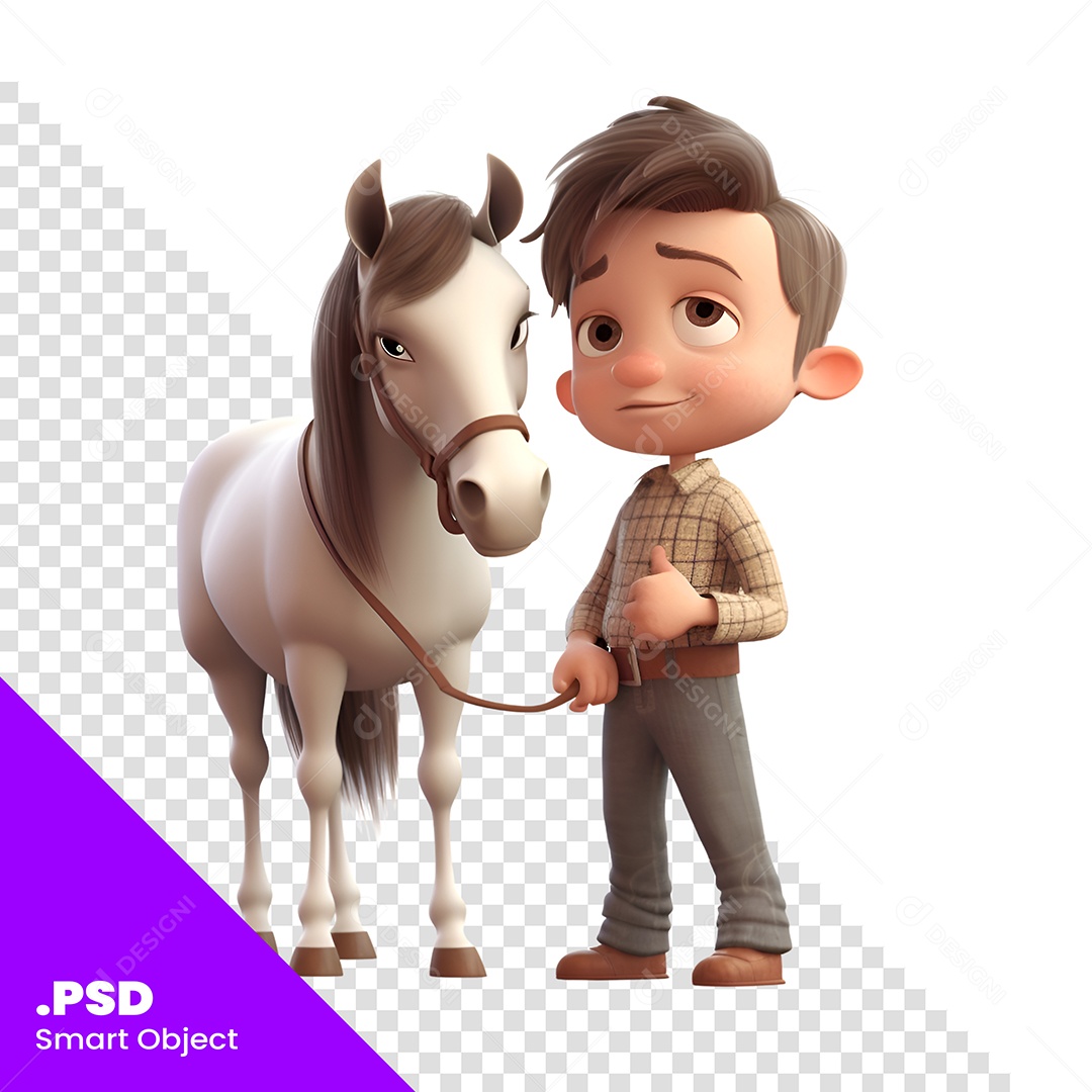 Personagem 3D Garoto Com Cavalo Para Composição PSD