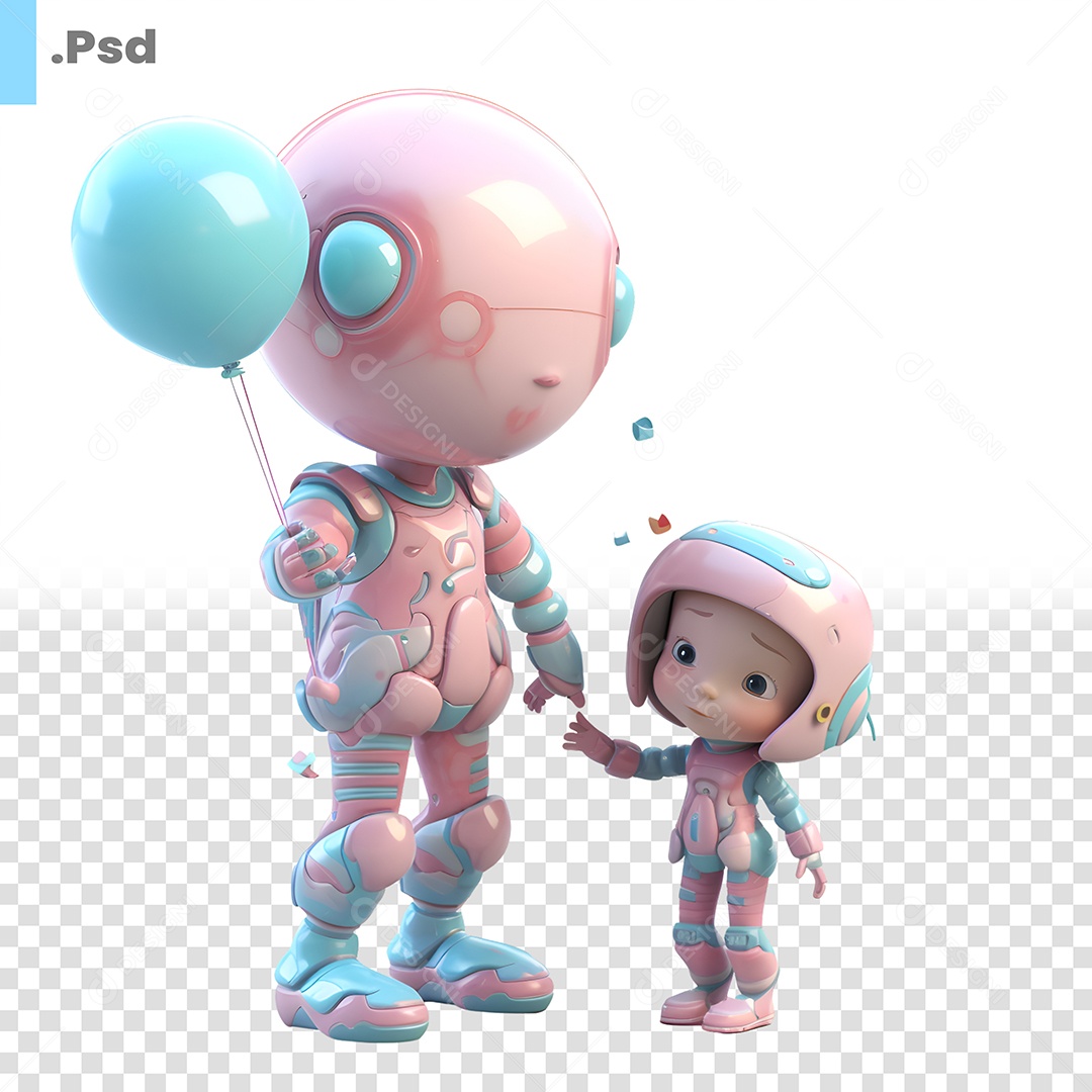 Personagem 3D Robô E Criança Rosa E Azul PSD