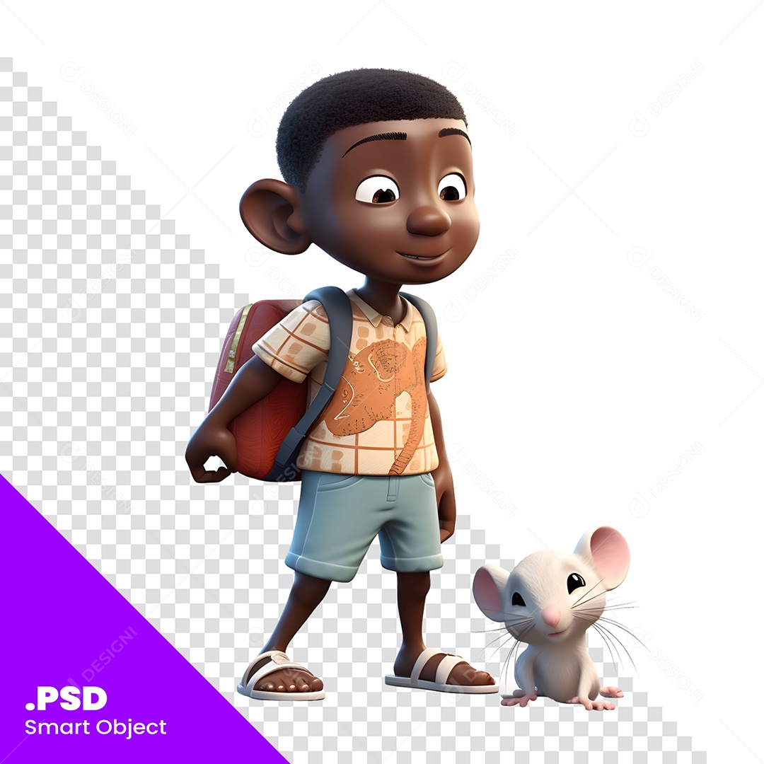 Garoto Com Bolsa E Rato Personagem 3D Para Composição PSD