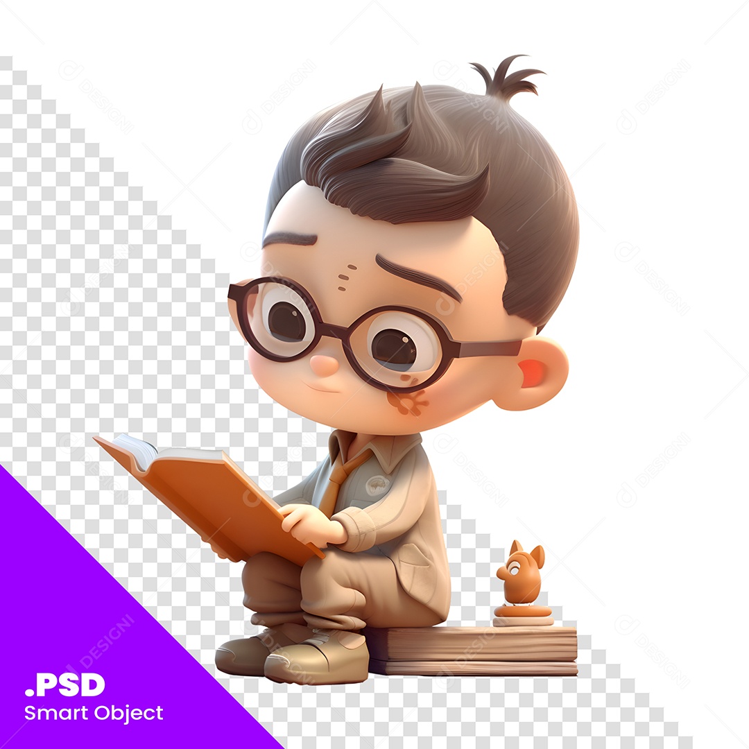 Garoto Sentado Lendo Personagem 3D PSD