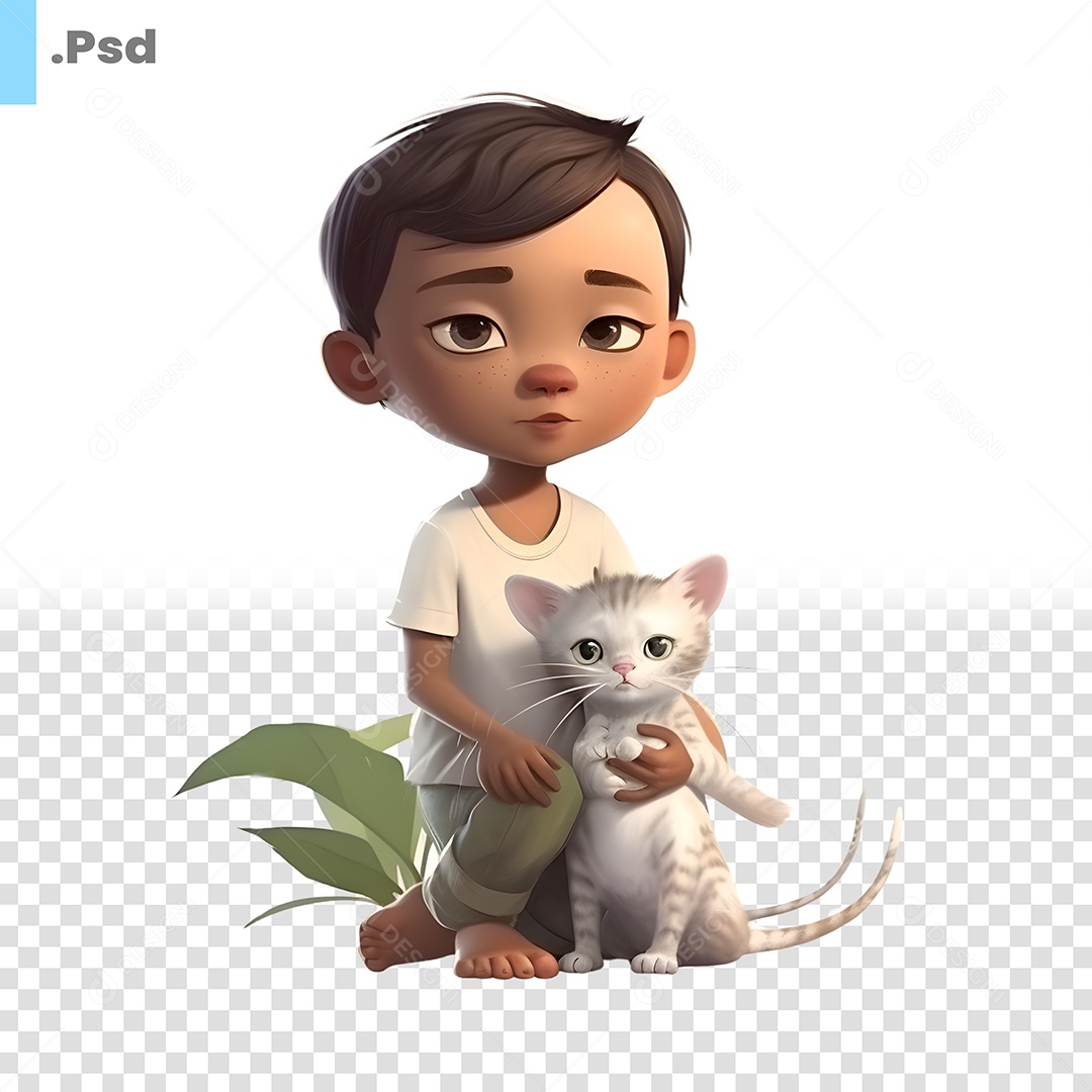 Garoto Com Gato  Personagem 3D Para Composição PSD