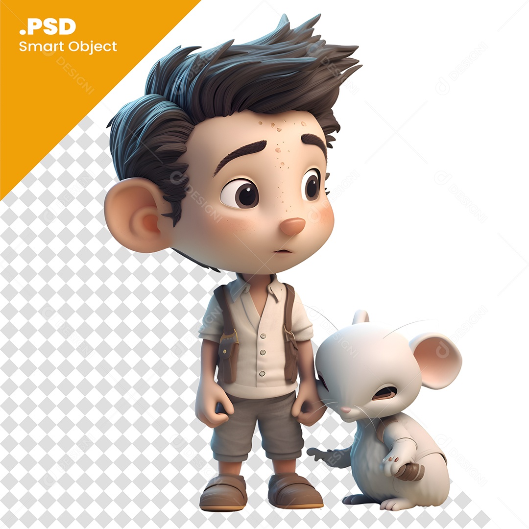 Garoto Com Um Rato Personagem 3D Para Composição PSD