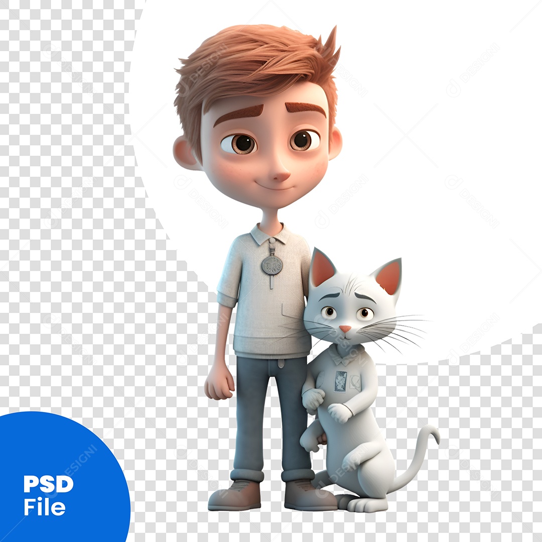 Jovem Com Um Gato Personagem 3D Para Composição PSD