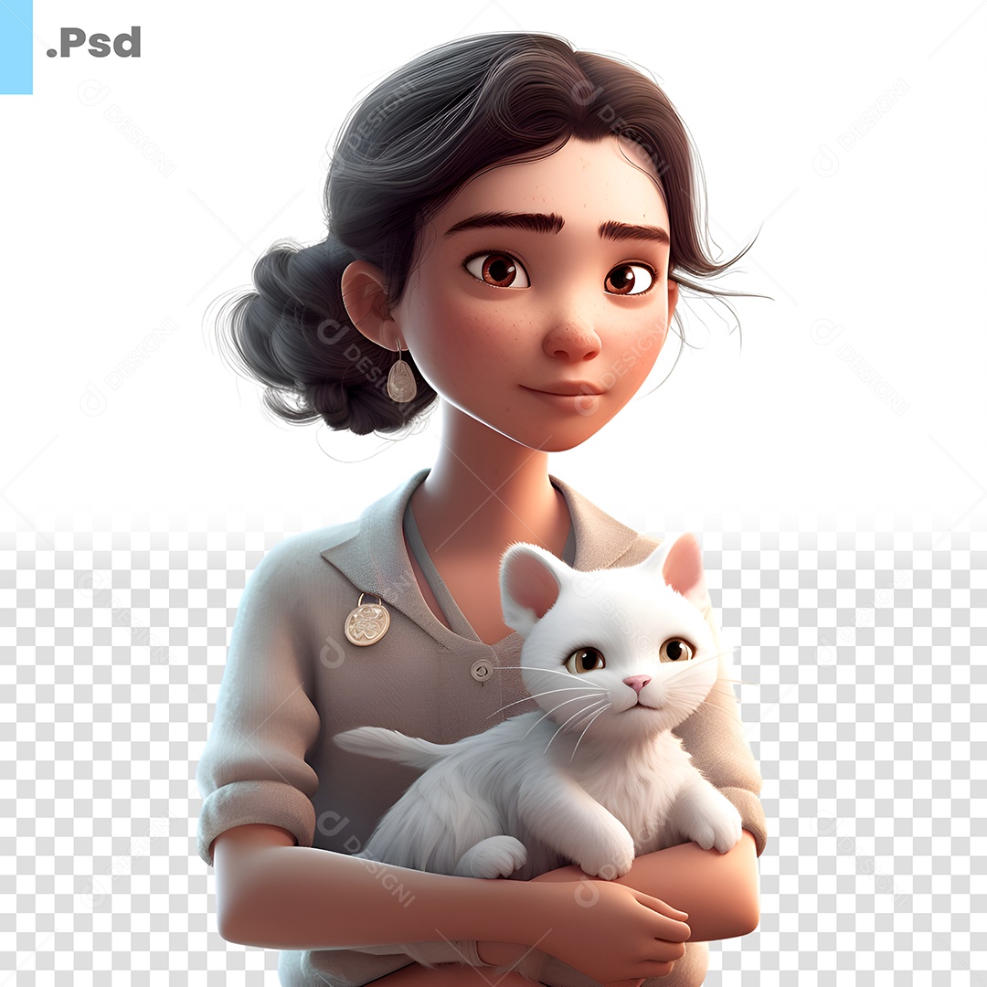 Mulher Com Um Gato Personagem 3D Para Composição PSD