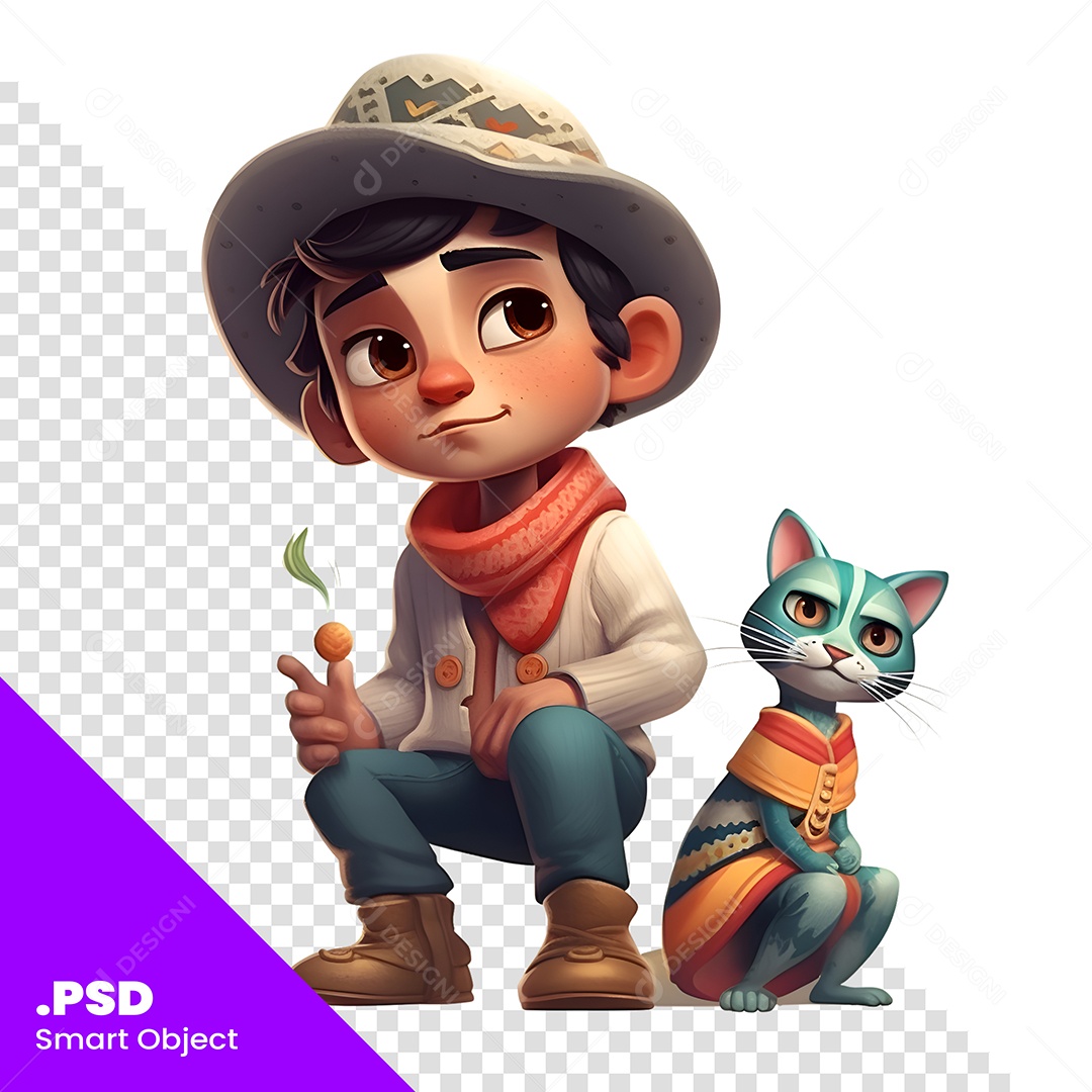 Garoto Com Um Gato Personagem 3D Para Composição PSD