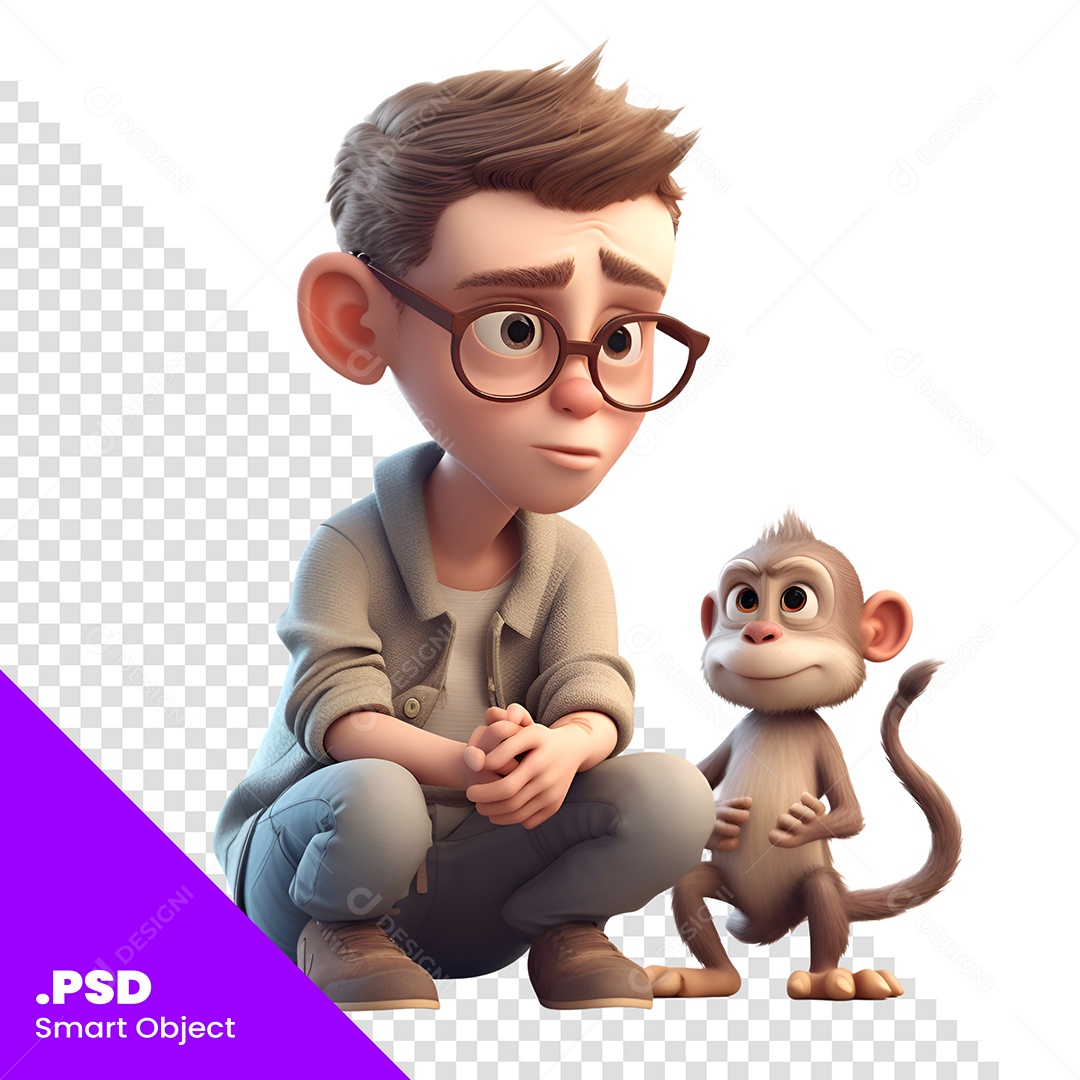 Homem Com Um Macaco Personagem 3D Para Composição PSD