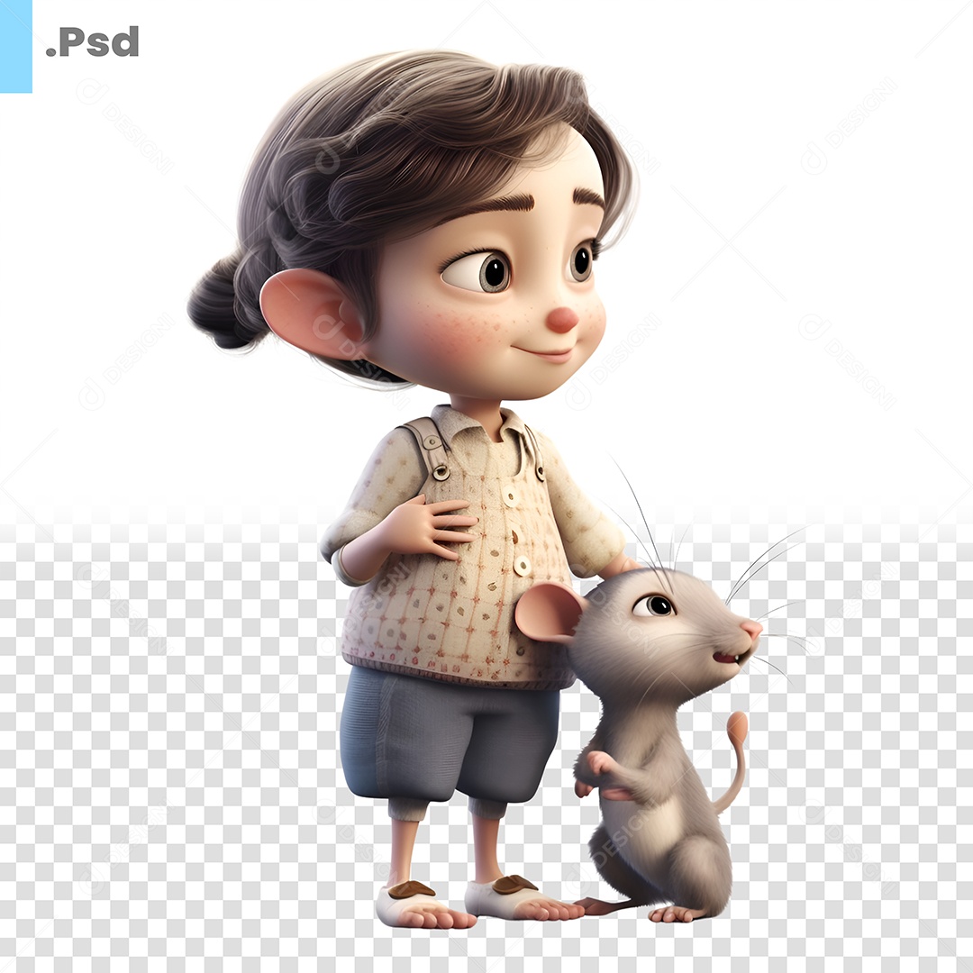 Menina Com Rato Personagem 3D Para Composição PSD