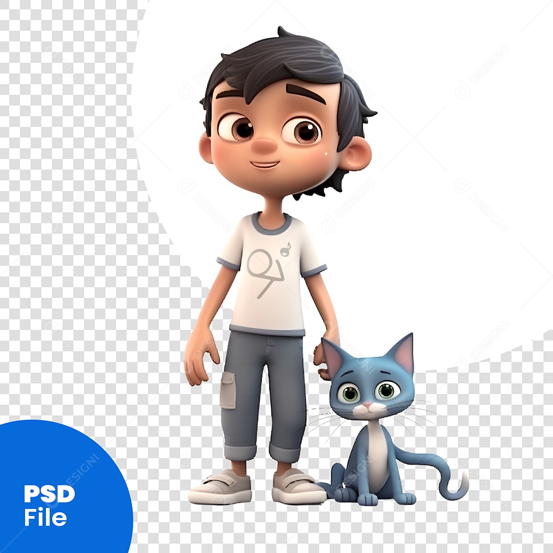 Garoto Com Um Gato Personagem 3D Para Composição PSD